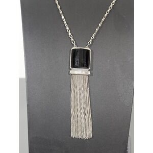 White House Black Market WHBM Black Square Cabochon Chain Fringe Long Necklace